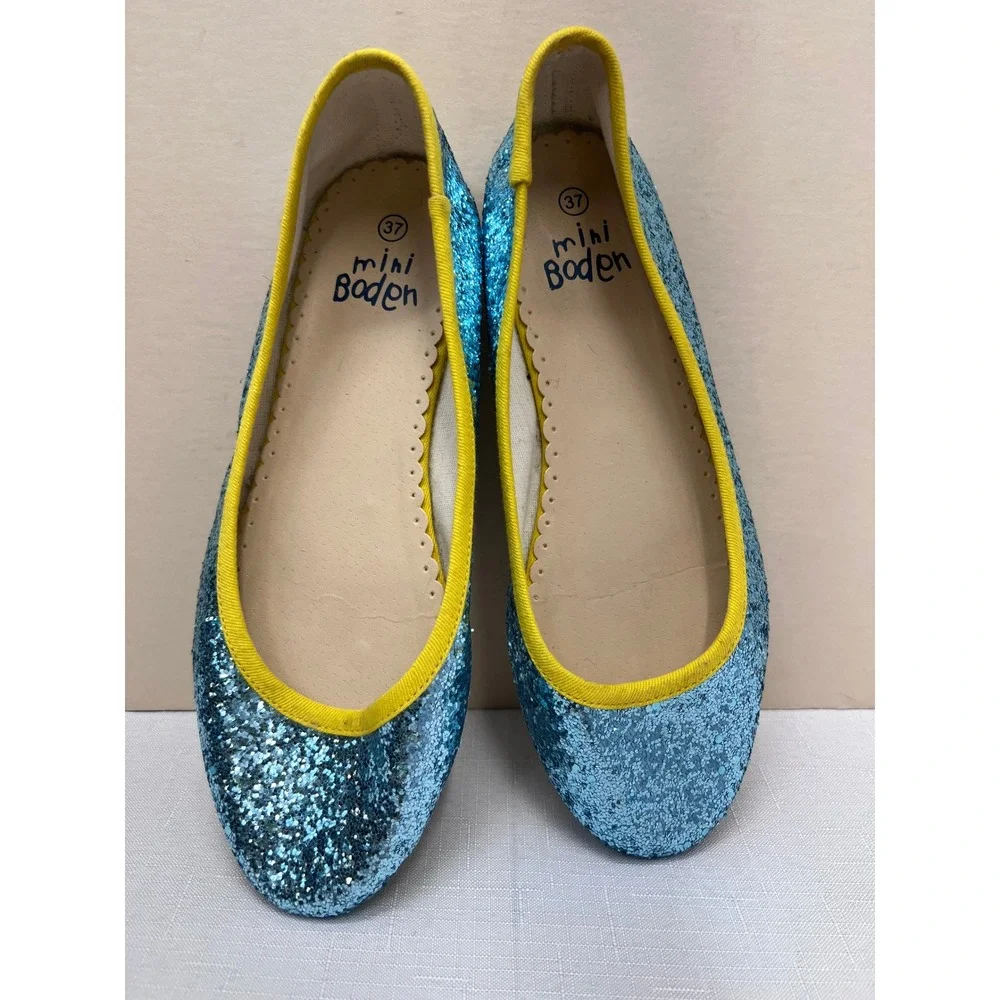 Mini Boden Ballet Flats Kids Size 37 Blue Good Glitter Yellow Trim Slip On